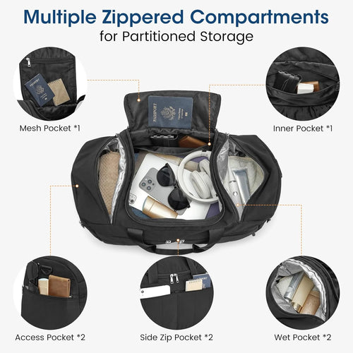 45L Travel Duffle Bag 3 in 1 Duffel Bags with Shoes Compartment